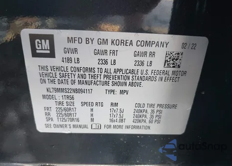 2022 Chevrolet Trailblazer Fwd Ls z USA, uszkodzony, nr VIN KL79MMS22NB094117